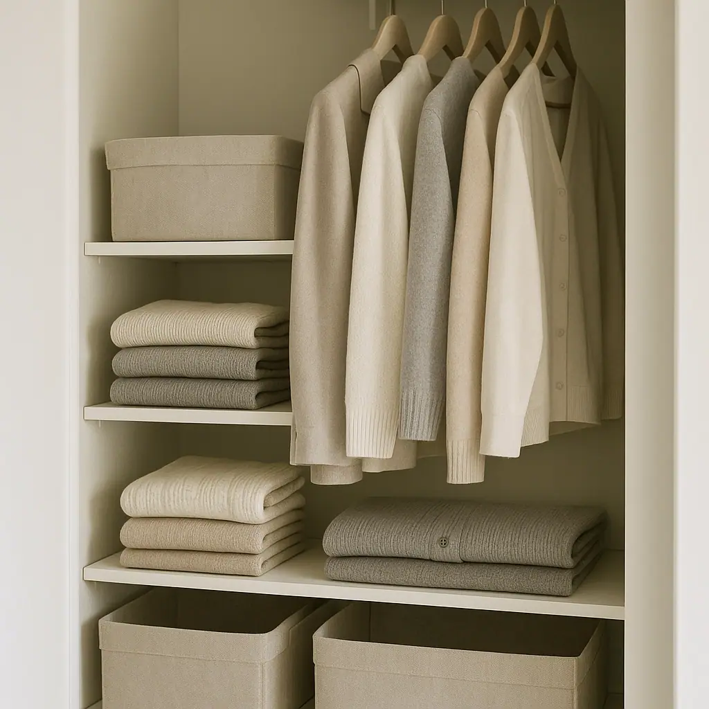 Neatly labeled seasonal clothing bins and folded sweaters in a calm apartment closet
