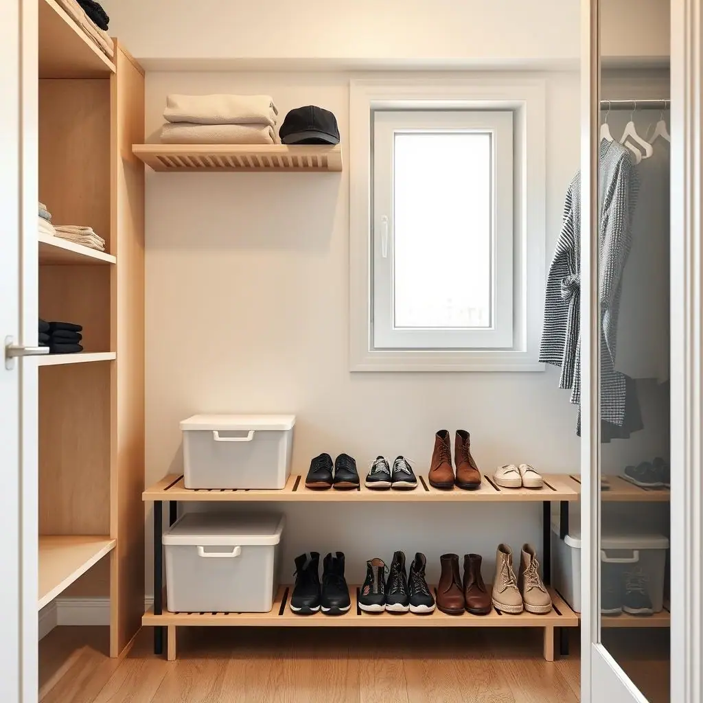 Neatly arranged shoes on a low rack inside a calm small apartment closet
