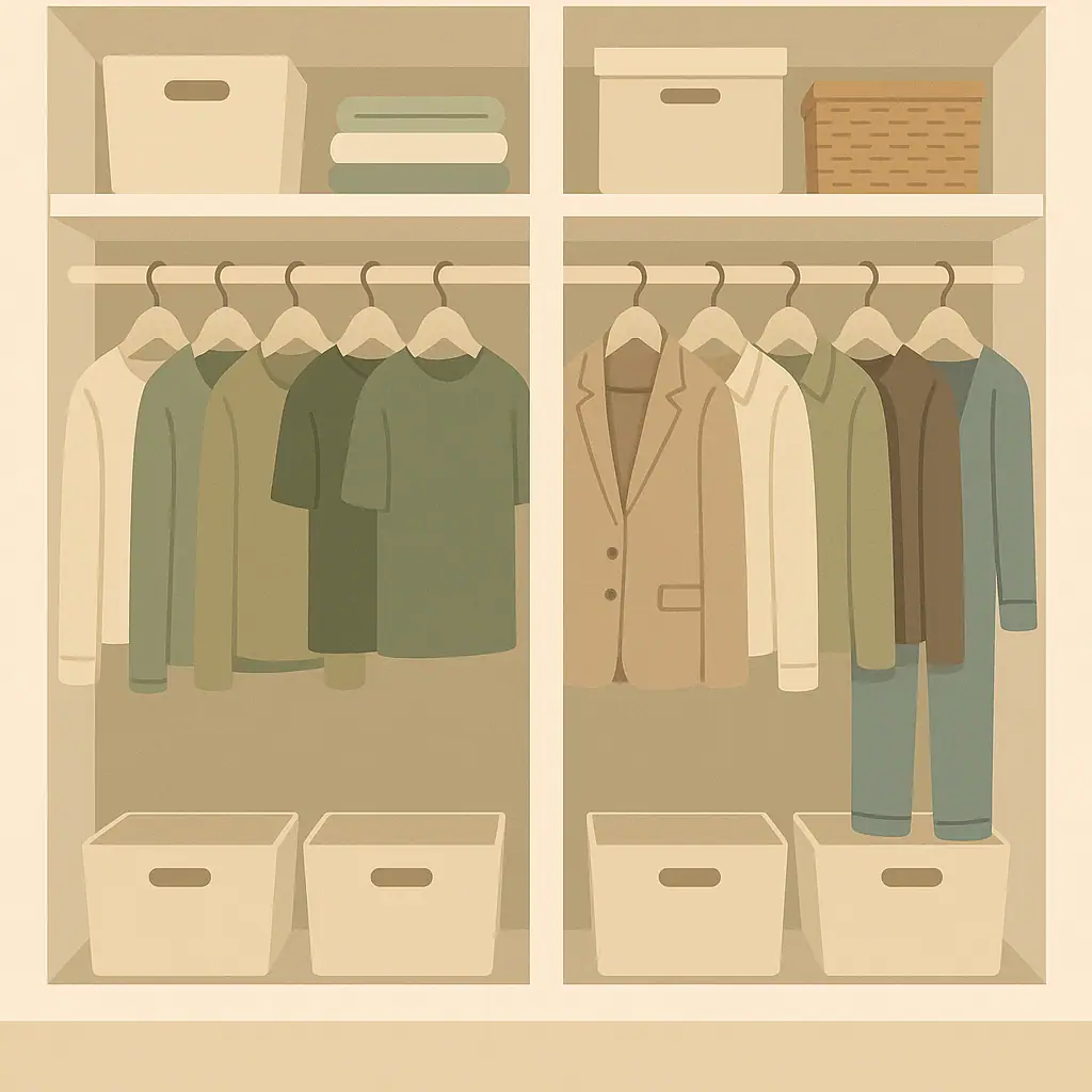A calm shared apartment closet with two clearly separated clothing zones and simple storage bins