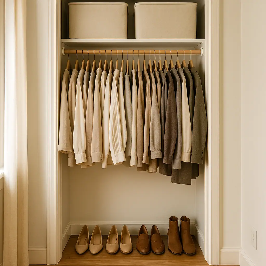 A calm tiny apartment closet with neatly spaced clothes, labeled bins, and a clear floor