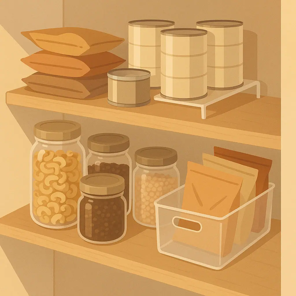 A neatly organized tiny pantry shelf with clear zones for cans, jars, and daily snacks