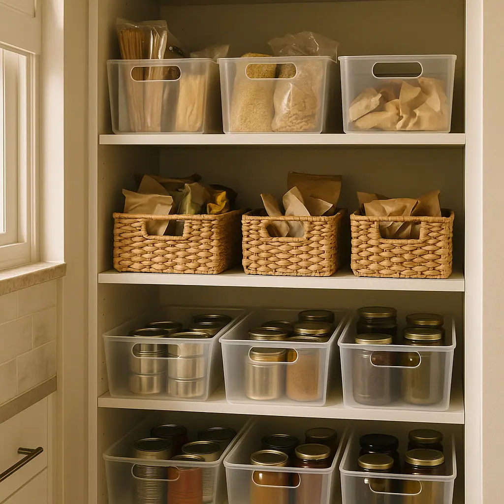 Deep pantry shelves organized with clear pull-out bins, low containers, jars, and snack packets in a small kitchen