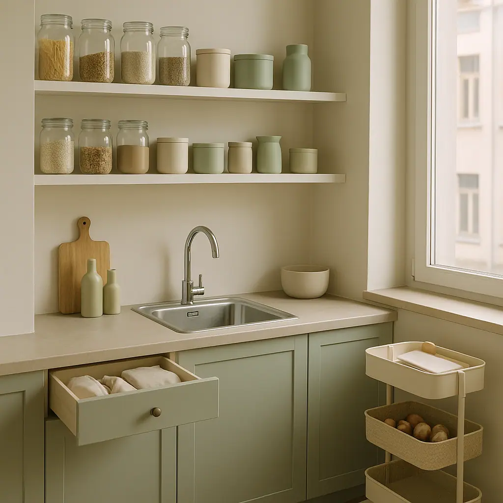 Small apartment kitchen food organized in cabinets, drawers, and a compact cart without a pantry