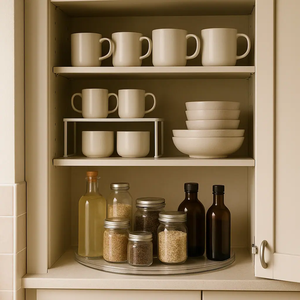 Small kitchen cabinet with shelf risers and a lazy Susan organizing dishes, cans, jars, and bottles