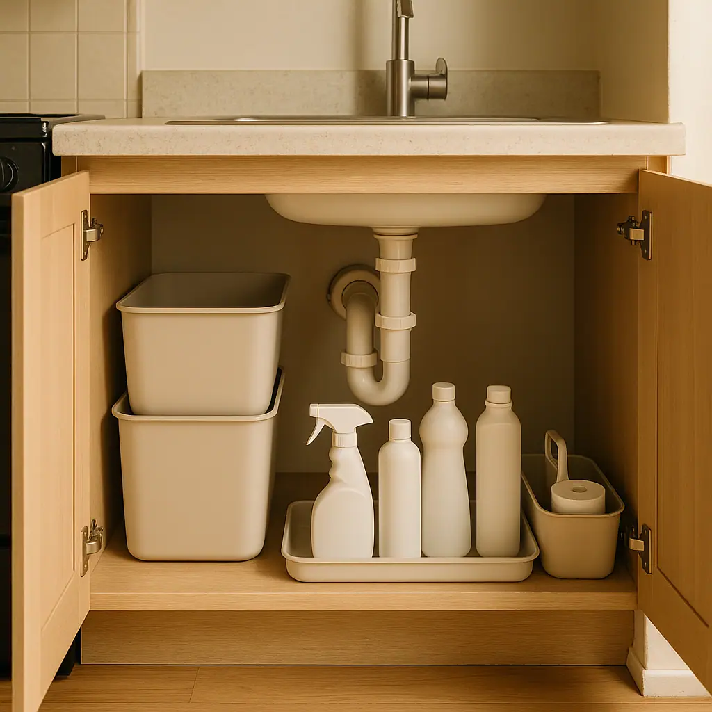 Open under-sink rental cabinet with removable bins, a handled caddy, visible plumbing, and neatly arranged cleaning supplies
