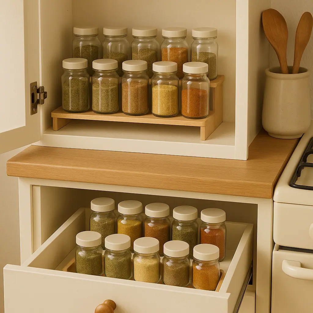 Small apartment kitchen spice cabinet with blank jars, a narrow tray, and a simple riser arranged away from the stove