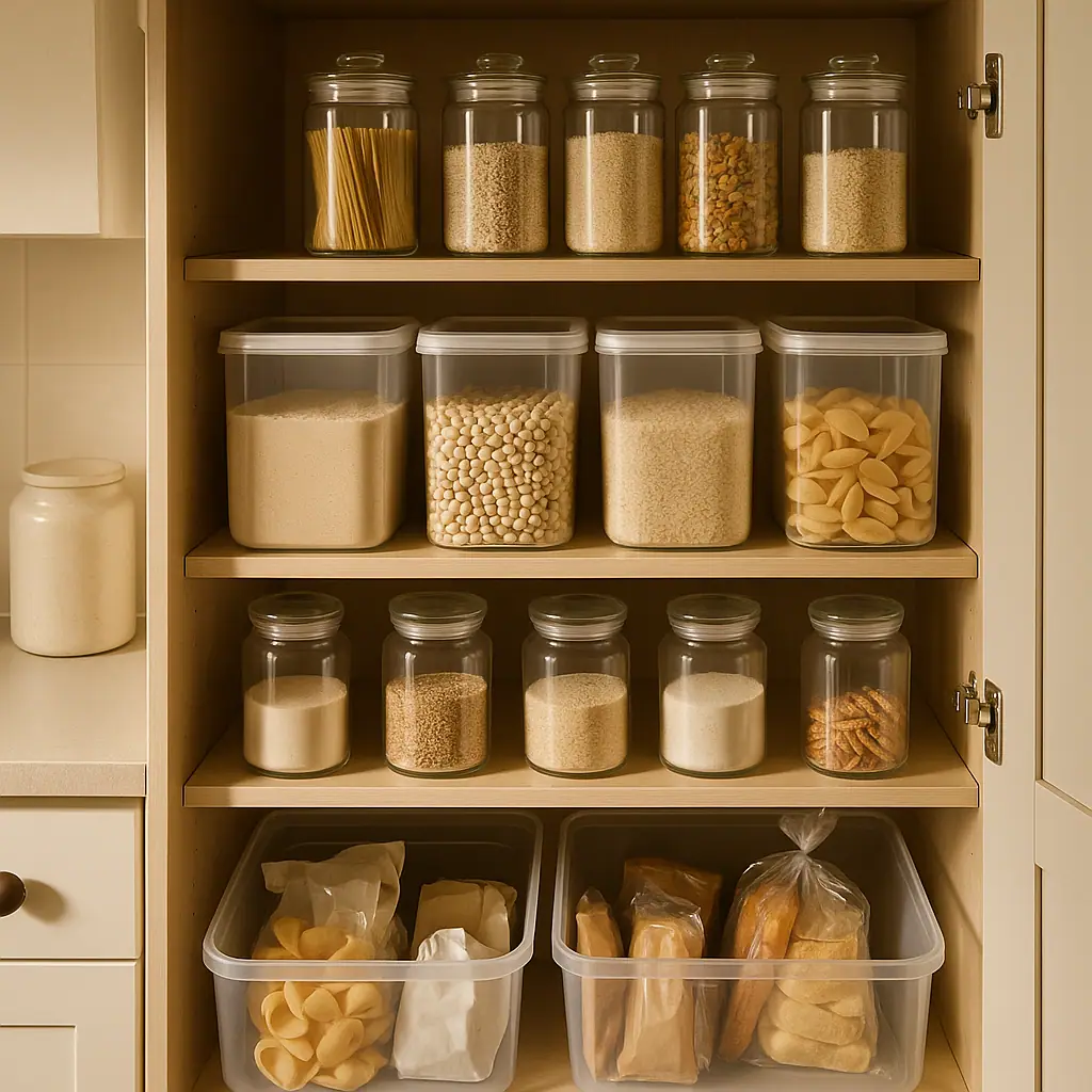 Small apartment pantry cabinet with clear shelf zones, simple bins, dry goods, and open breathing space