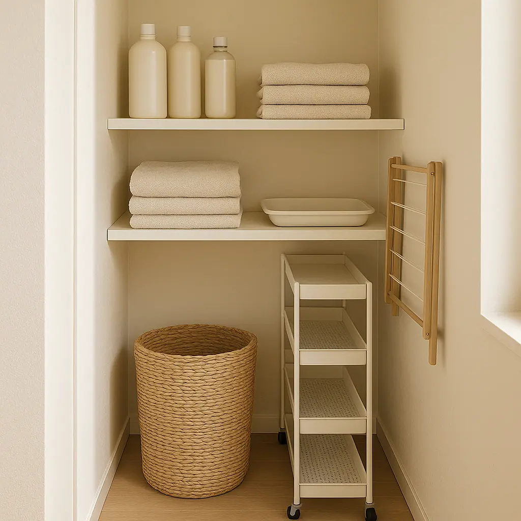 Small apartment laundry nook with a stacked washer and dryer, shallow supply tray, slim cart, hamper, and clear floor space