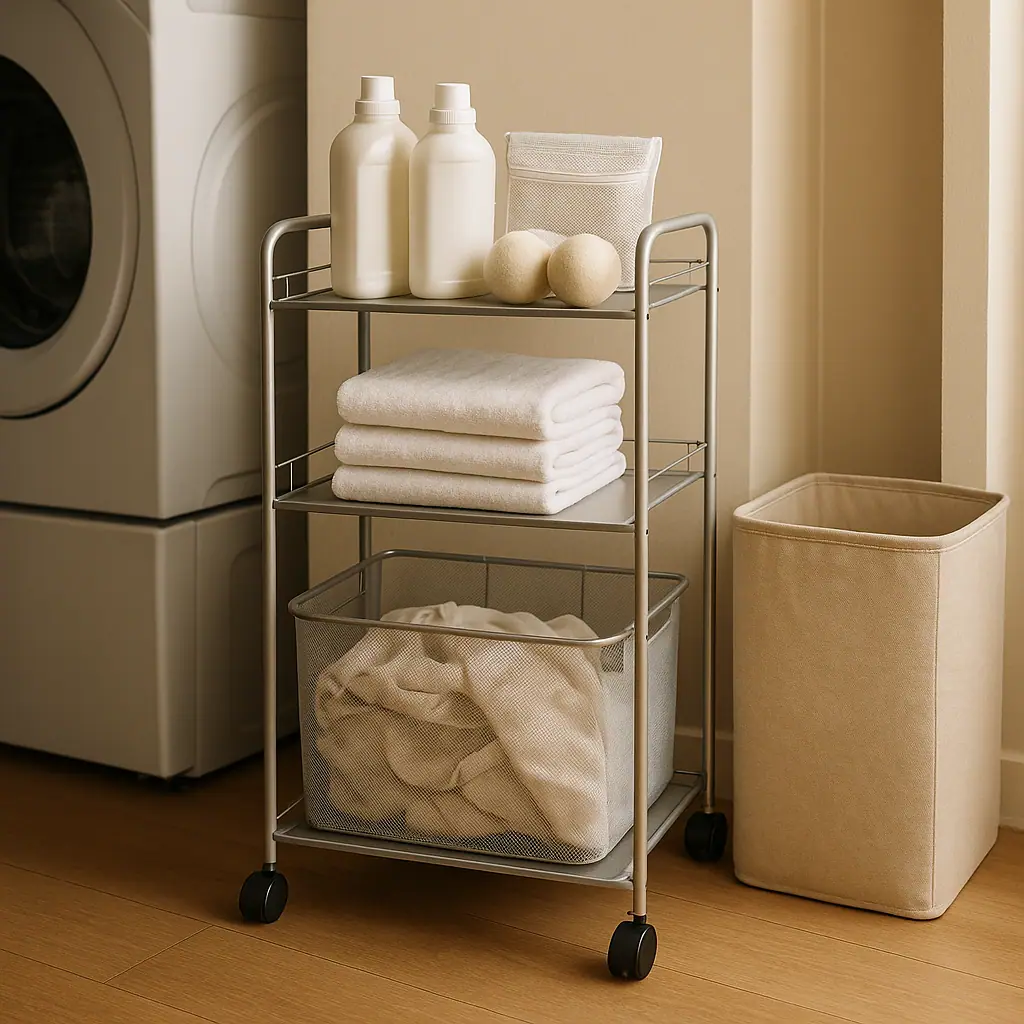 Slim rolling cart with laundry supplies beside a compact apartment washer and dryer