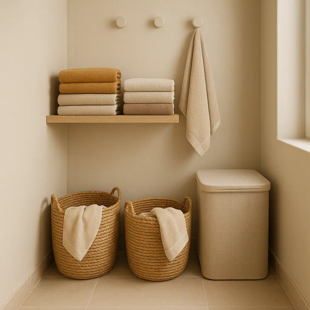Folded towels stored in baskets and shelves in a compact apartment bathroom and laundry corner