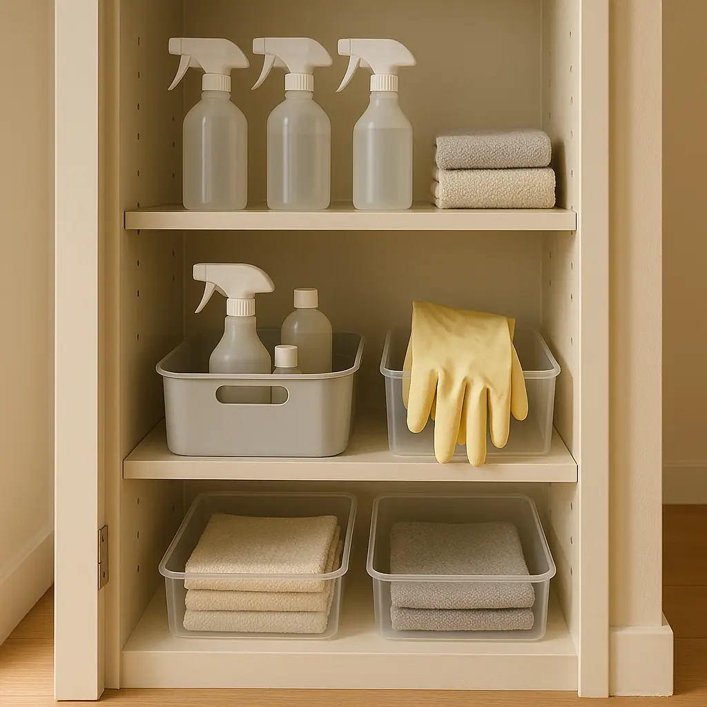 Organized cleaning supplies in labeled original containers inside a compact rental utility cabinet