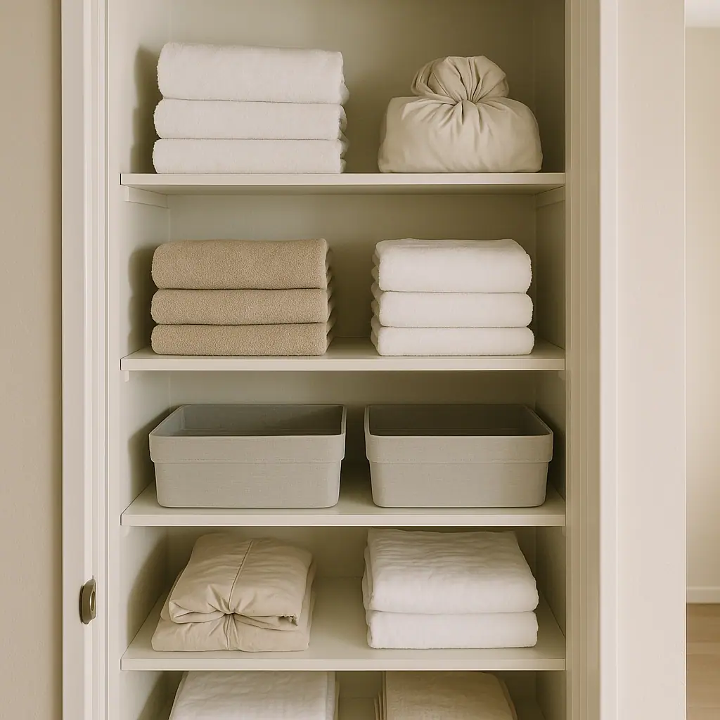 Small linen closet with neatly folded towels, sheet bundles, and shallow storage bins