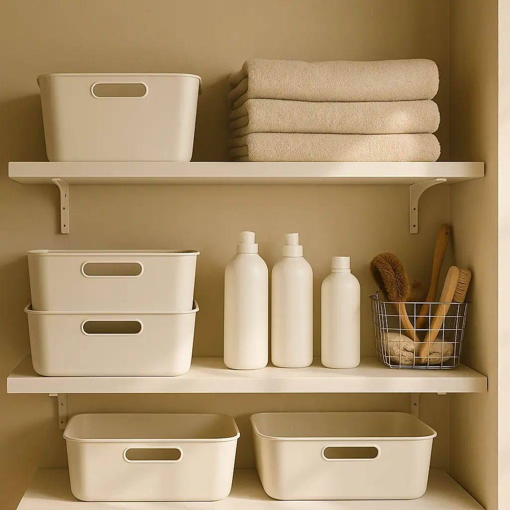 Small laundry room with neat open shelves, shallow bins, and organized laundry supplies
