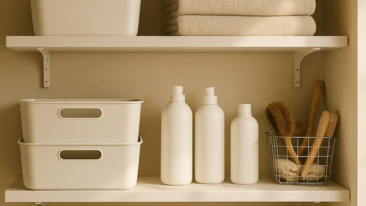 Renter-friendly shelf with plain storage bins, folded towels, and unlabeled household bottles