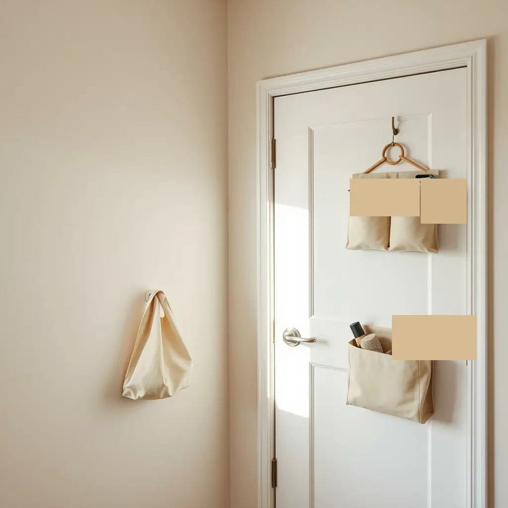 Small apartment door with a simple over-door organizer beside a wall with a few plain adhesive hooks