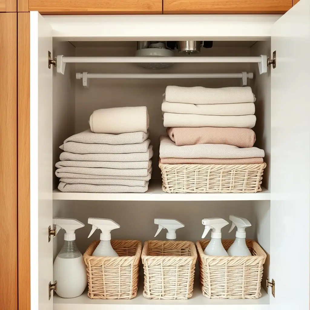 Small rental closet and cabinet corner organized with simple tension rods holding lightweight household items