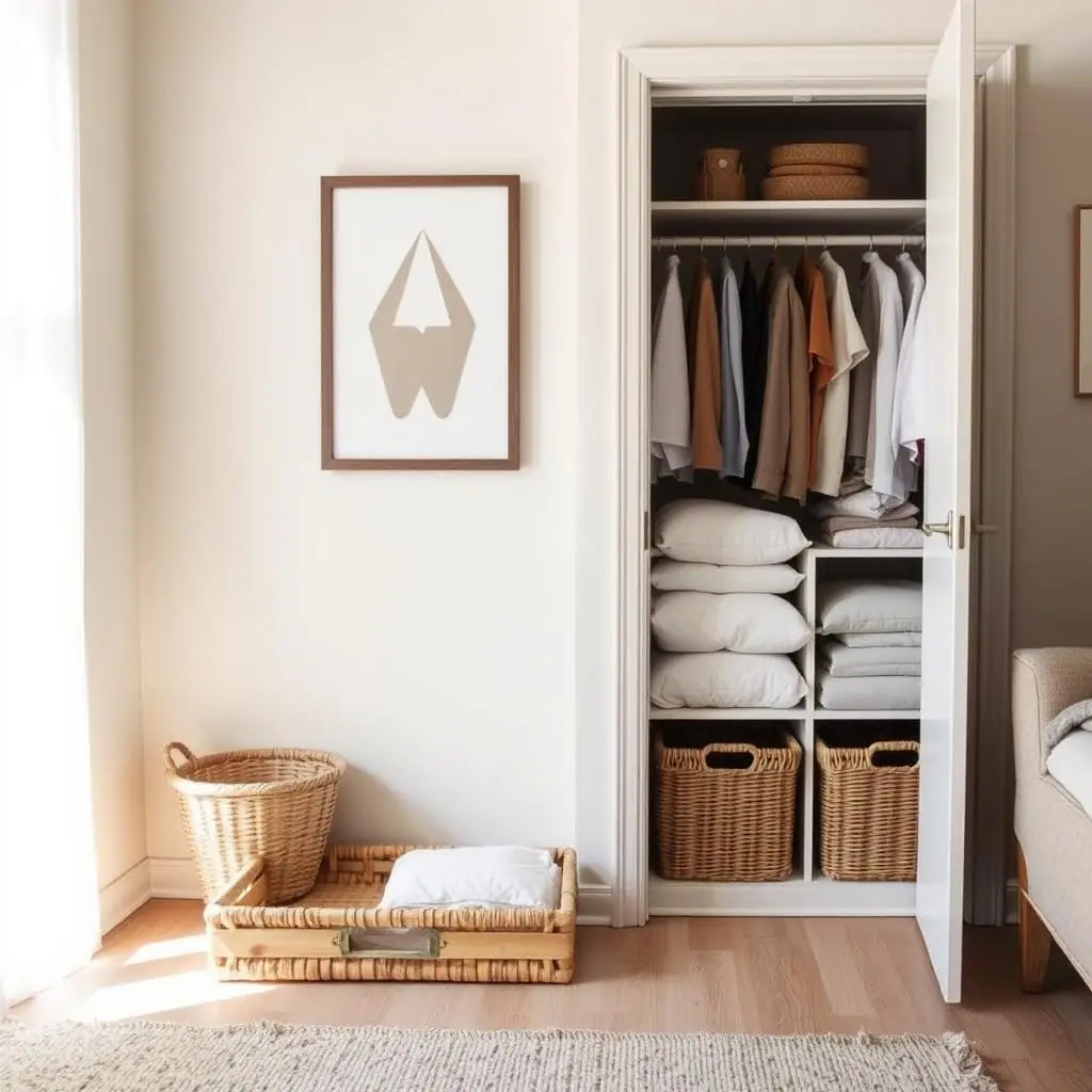 Calm studio apartment with clear storage zones, baskets, shelves, and a tidy entry area