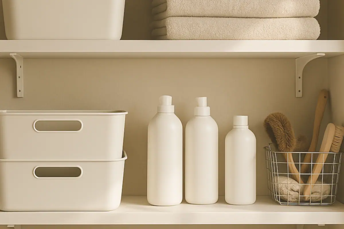 Small apartment wall with a light adhesive shelf holding simple renter-friendly storage items