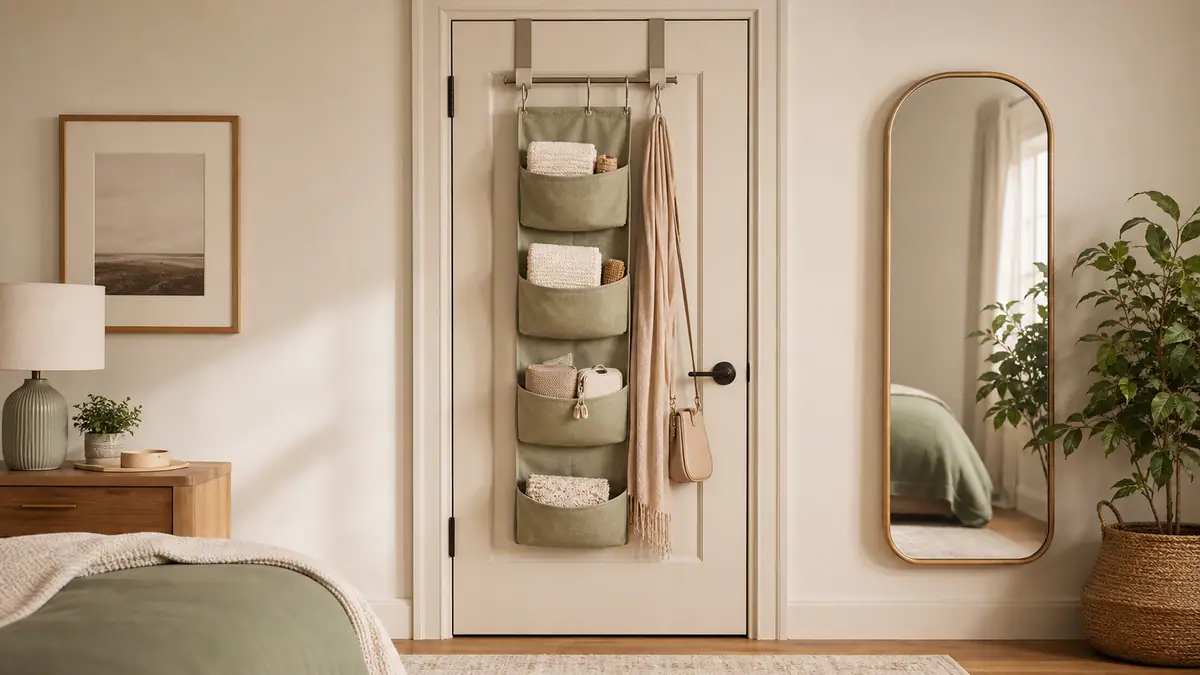 Calm apartment door with neat over-the-door storage holding towels and light accessories