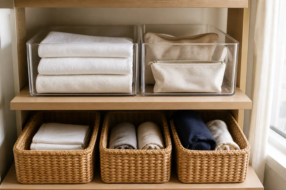 Apartment shelf comparing clear storage bins and woven baskets in a calm organized home