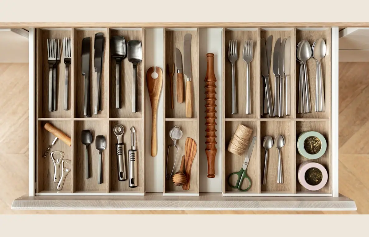Small apartment drawer with neat dividers separating utensils socks and daily items