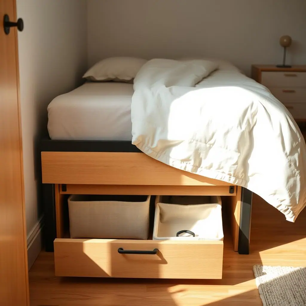 Under-bed storage bins and soft bags arranged neatly below a simple apartment bed