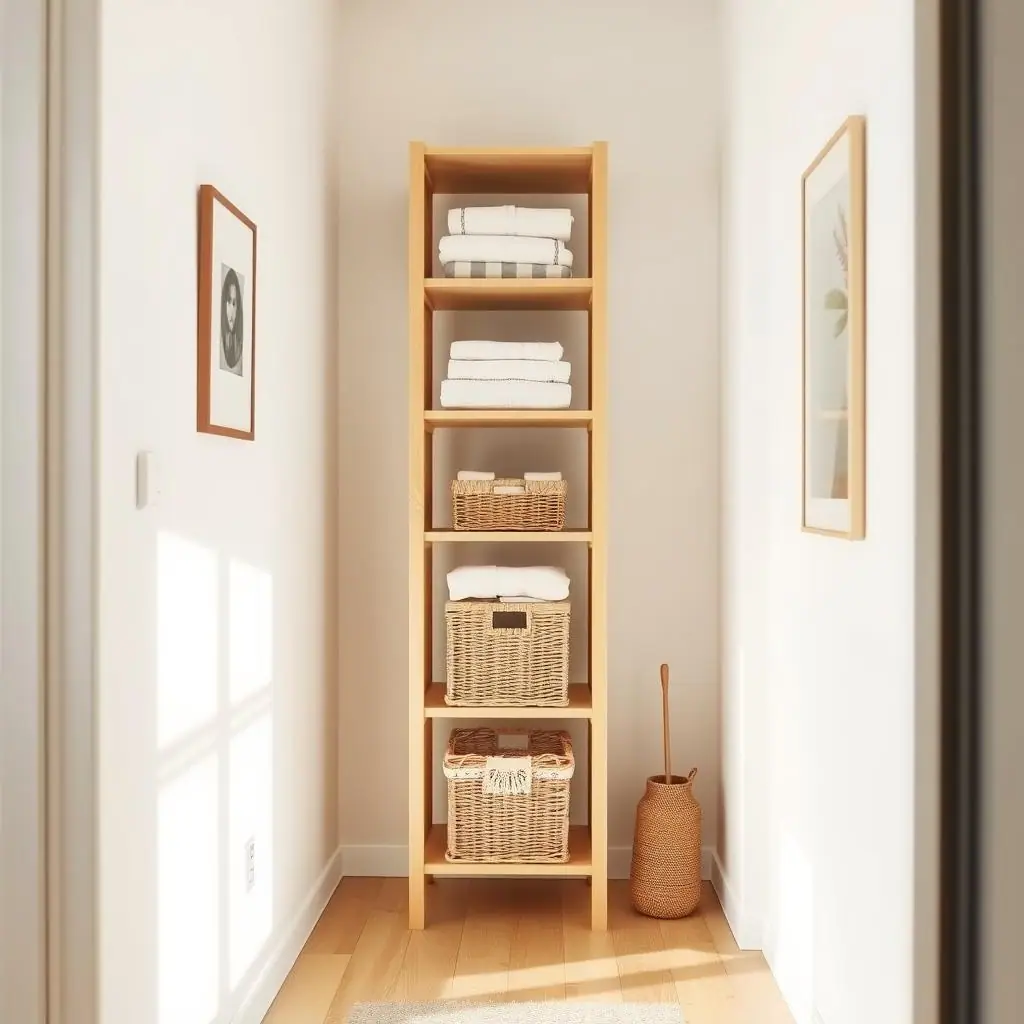 Small apartment wall with narrow shelving, baskets, and calm vertical storage without visible text