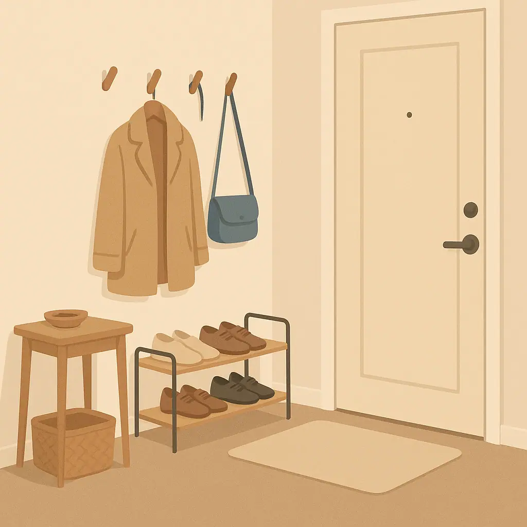 Small apartment entryway with a narrow shoe rack, wall hooks, tray, and calm no-closet storage