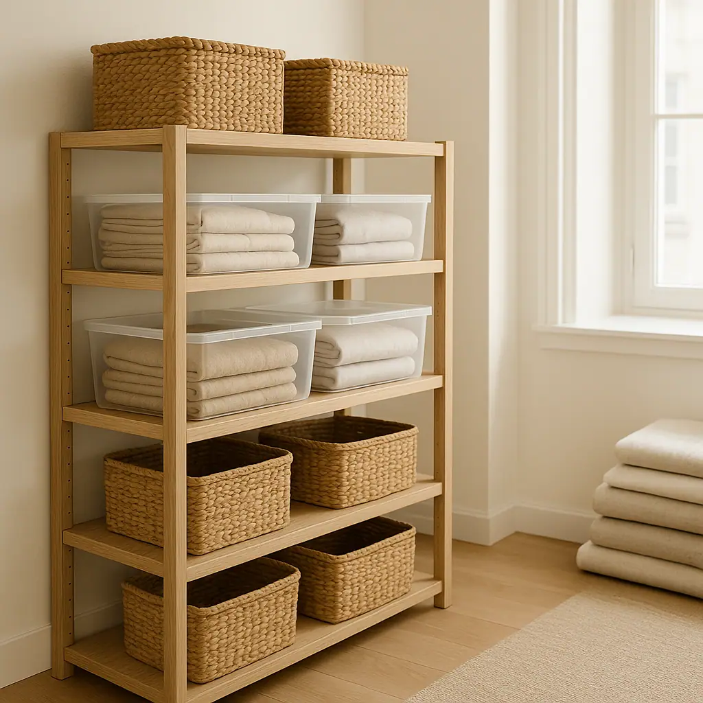 Small apartment shelf with clear bins, folded linens, labeled baskets, and calm vertical storage