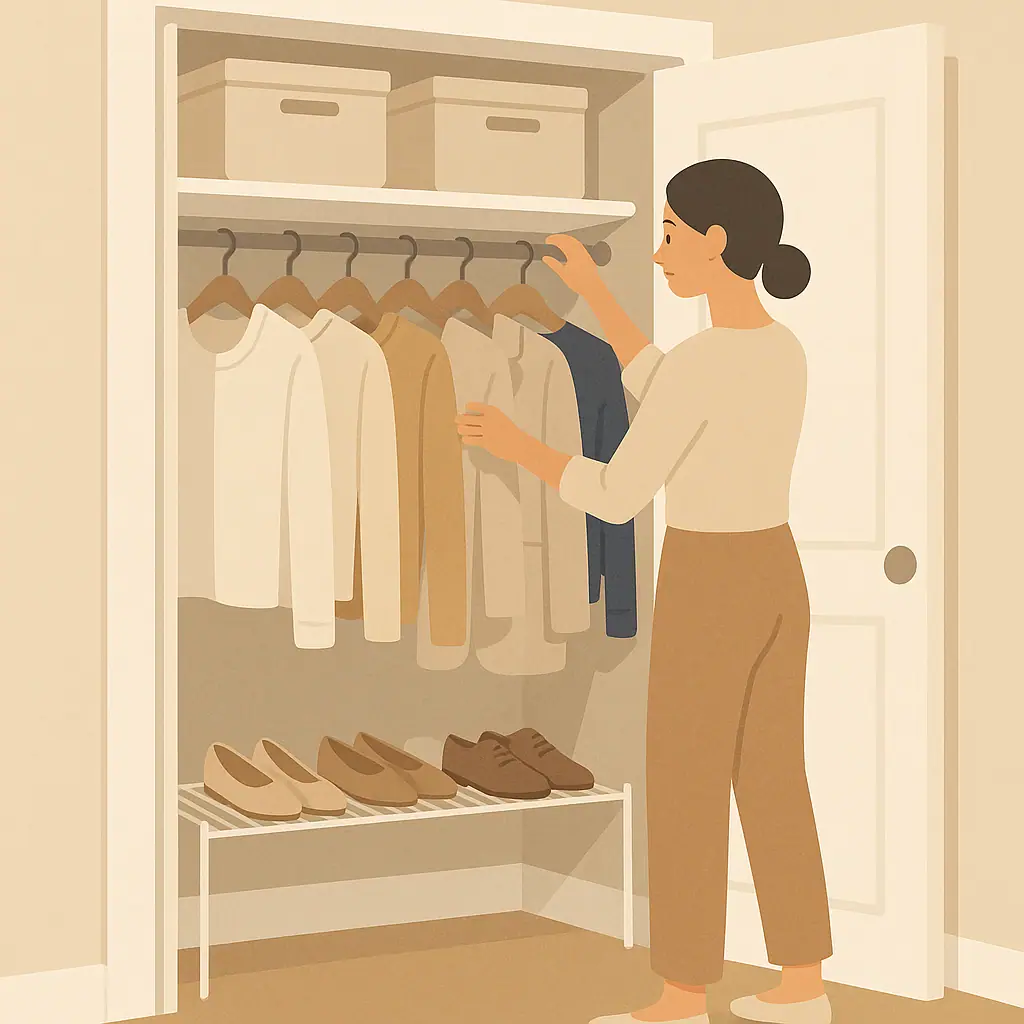 Small reach-in closet with neat hanging clothes, shelf bins, shoes organized low, and calm apartment storage zones