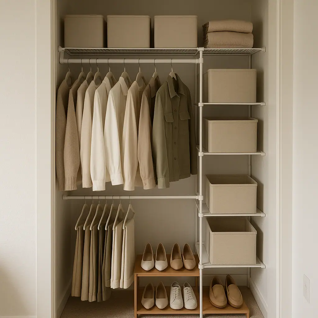 Illustrated rental closet with no-drill organizers, slim hangers, soft bins, shelf dividers, and a low shoe rack