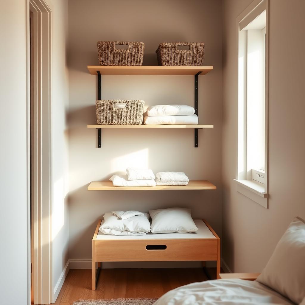 Calm small apartment storage setup with shelves, baskets, and renter friendly organization